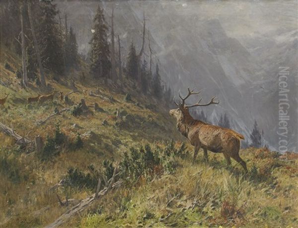 Hjortar I Alplandskap Oil Painting by Arthur (Julius) Thiele