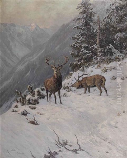 Red Deer Grazing In A Mountainous Winter Landscape Oil Painting by Arthur (Julius) Thiele