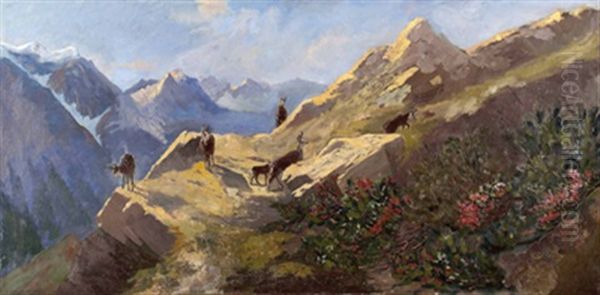 Gemsen Im Hochgebirge Oil Painting by Arthur (Julius) Thiele