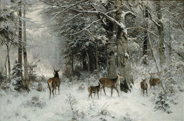 Deer In A Winter Landscape by Arthur (Julius) Thiele