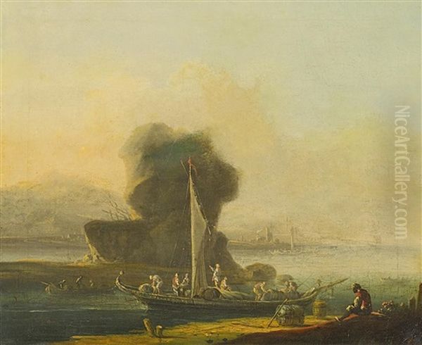 Flusslandschaft Mit Hafen Oil Painting by Johann Alexander Thiele