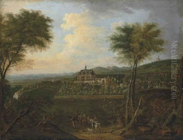 An Extensive Landscape With A Hawking Party Approaching A Walled Estate Oil Painting by Johann Alexander Thiele