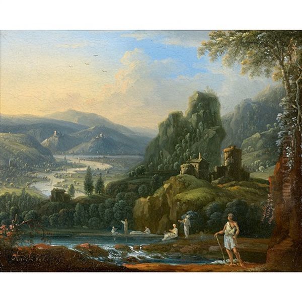 Vue Du Rhin Avec Des Baigneurs Oil Painting by Johann Alexander Thiele