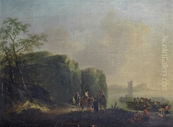 Figures On Horseback And Others Loading Barges Before A River Oil Painting by Johann Alexander Thiele