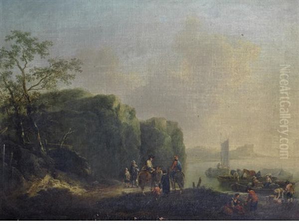 Figures On Horseback And Others Loading Barges Before A River Oil Painting by Johann Alexander Thiele