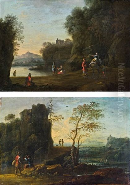 Sudliche Landschaft Mit Wanderern Und Ruine (+ Sudliche Landschaft Mit Wanderern, Weitem Ausblick Und Badenden; Pair) Oil Painting by Johann Alexander Thiele