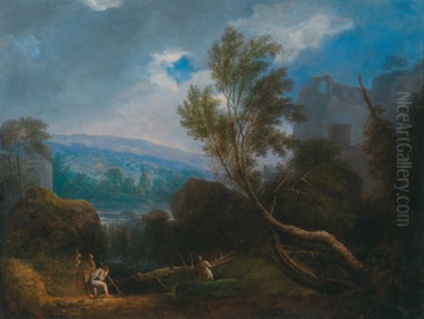 Flusslandschaft Mit Ruinen Und Holzfallern Oil Painting by Johann Alexander Thiele