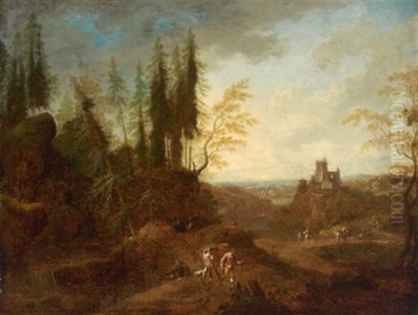 Bewaldete Landschaft Mit Einem Kastell Und Hirten by Johann Alexander Thiele