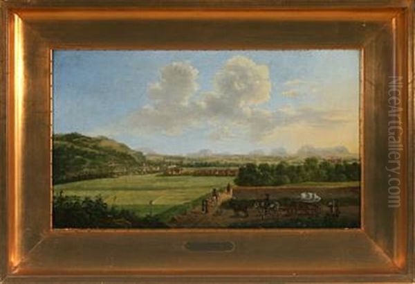 German Landscape Presumably From Konigstein (sachsen) With Horse Cart And Walking Figures Oil Painting by Johann Friedrich Thiele