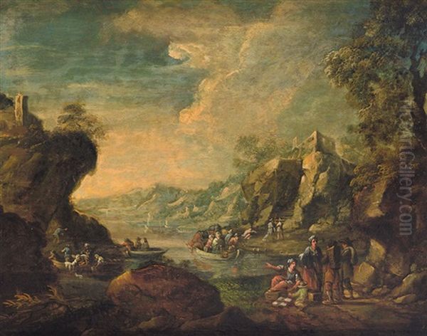 Flusslandschaft Mit Kauffahrteiszenen, Ubersetzenden Booten Und Burghugeln Oil Painting by Johann Friedrich Thiele