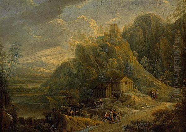 Malerische Flusslandschaft Mit Ruinenhugel, Alter Muhle Und Zahlreicher Figurenstaffage Oil Painting by Johann Friedrich Thiele