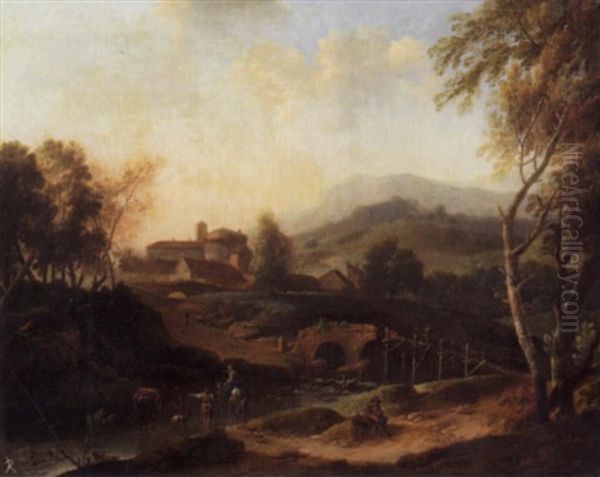 Landschaft Mit Im Fluss Stehenden Fischern Oil Painting by Johann Friedrich Thiele