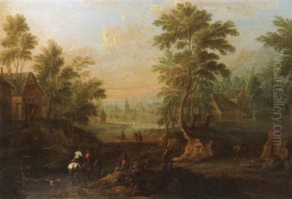 Landschaft Mit Reitern Und Einer Stadt Im Hintergrund Oil Painting by Johann Friedrich Thiele