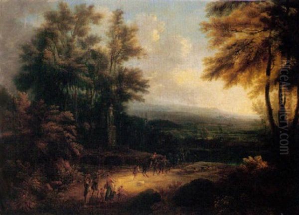 A Wooded Landscape With A Band Of Travellers On A Track Before A Fountain Oil Painting by Johann Friedrich Thiele