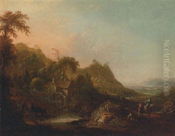 An Extensive Landscape With A Horseman And A Traveller By A Millpond Oil Painting by Johann Friedrich Thiele