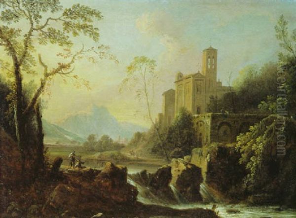 Italienische Landschaft Mit Kirche Und Wasserfall Oil Painting by Johann Friedrich Thiele