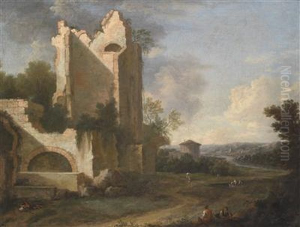 A Southern River Landscape With Ruins And Peasants Oil Painting by Bartholomeus Breenbergh