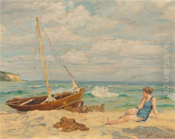 Badende Am Strand Mit Segelboot Oil Painting by Alfred Rudolph Thielemann