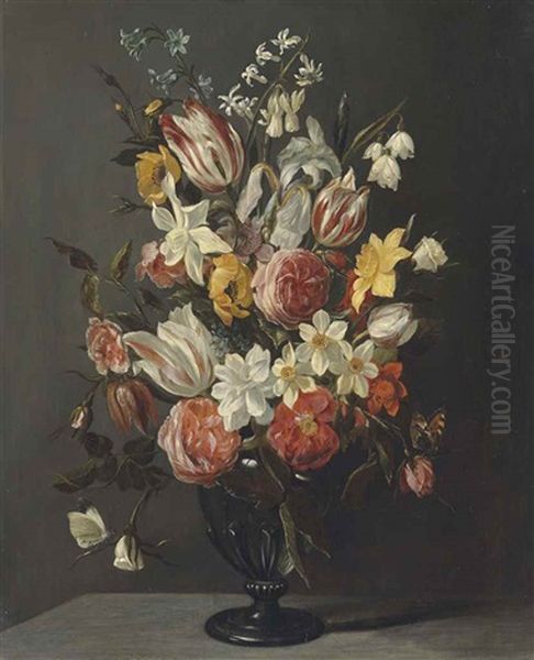 Flowers In A Glass Vase On A Ledge Oil Painting by Jan Philip van Thielen