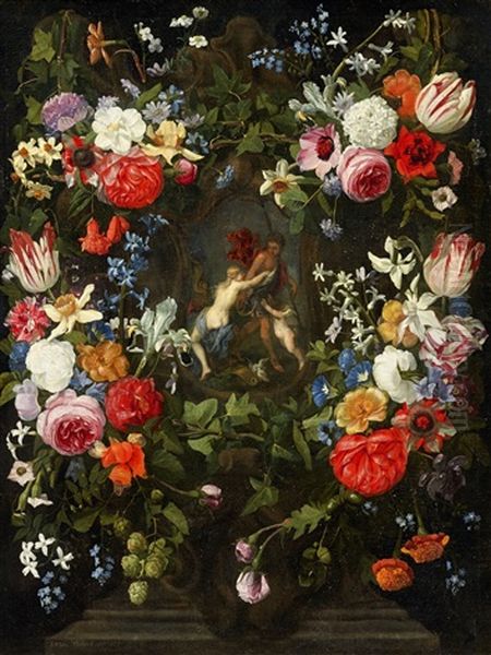 Venus And Adonis In A Floral Garland Oil Painting by Jan Philip van Thielen