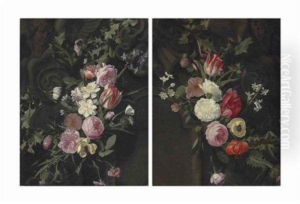 Roses, Parrot Tulips, Thistles, Holly And Other Flowers With A Brimstone Butterfly On A Cartouche With A Sculpted (+ Another, Similar; Pair) Oil Painting by Jan Philip van Thielen