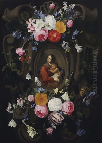 A Stone Cartouche With Mary And Child Surrounded By Floral Garlands And Butterflies Oil Painting by Jan Philip van Thielen