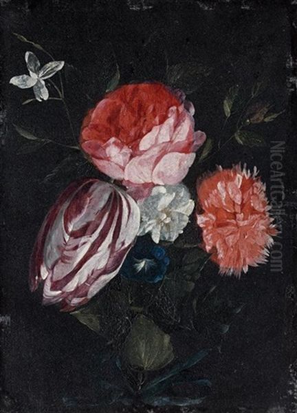 Bouquet De Fleurs Retenu Par Une Guirlande De Lierres Et Un Noeud Bleu Oil Painting by Jan Philip van Thielen