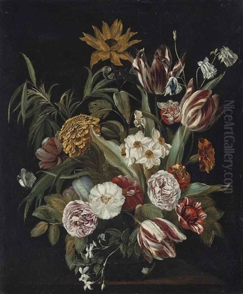 Roses, Tulips, A Sunflower And Other Flowers In A Glass Vase On A Stone Ledge Oil Painting by Jan Philip van Thielen