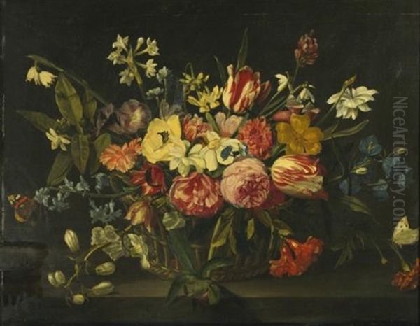 Still Life Of Flowers In A Basket Oil Painting by Jan Philip van Thielen