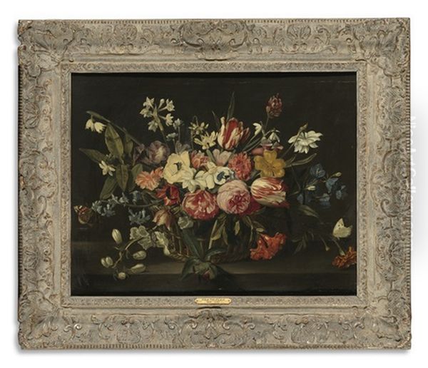 Still Life Of Flowers In A Basket Oil Painting by Jan Philip van Thielen