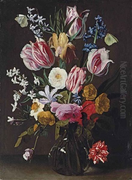 Tulips, Daffodils, Irises And Roses In A Glass Vase With Butterflies And Other Insects On A Ledge Oil Painting by Jan Philip van Thielen