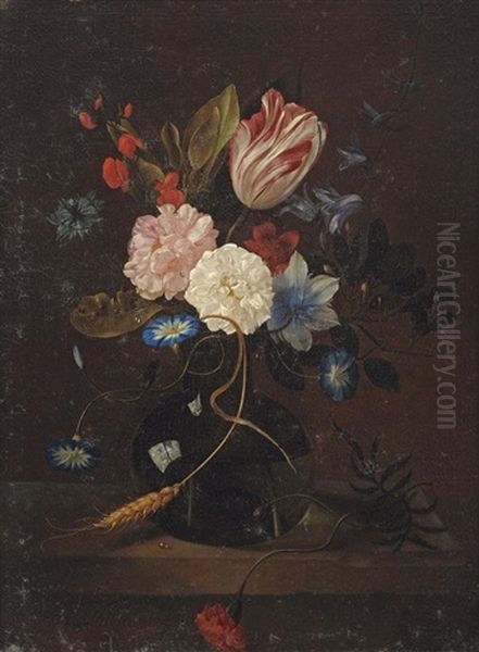 A Tulip, A Cornflower, Roses, A Carnation And Other Flowers In A Glass Vase On A Ledge Oil Painting by Gaspard Thielens