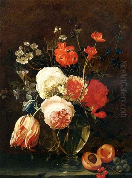 A Still Life Of Flowers In A Glass Vase With Fruit On A Stone Ledge Oil Painting by Gaspard Thielens