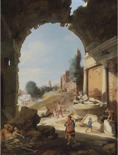 Figures Among Ruins By The Tiber Oil Painting by Bartholomeus Breenbergh