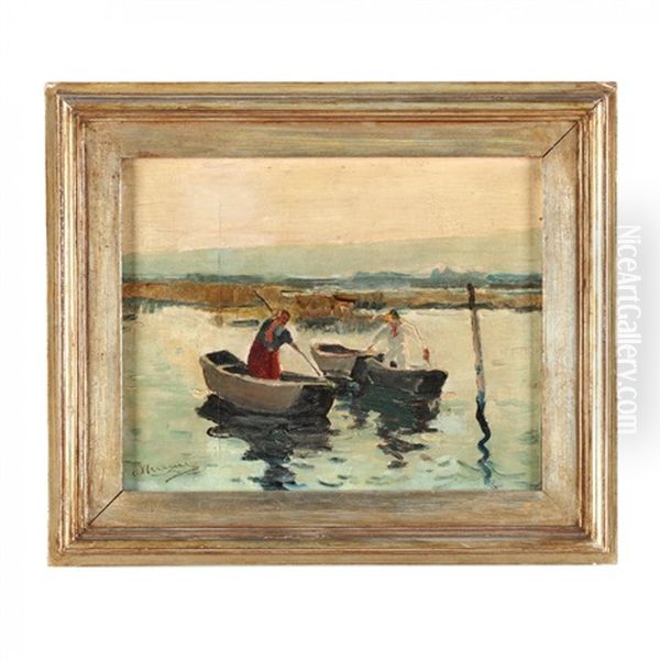 Marsh Scene With Boatmen Oil Painting by Anthony Thieme