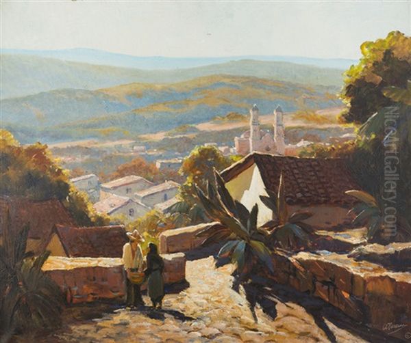 Taxco, Mexico, Figures On A Path In A Neighborhood Oil Painting by Anthony Thieme