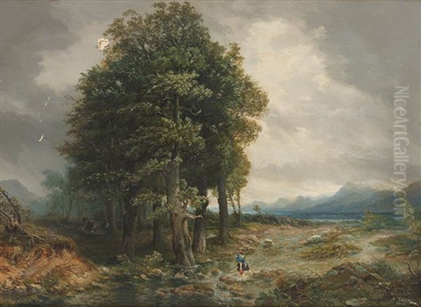 Junge Frau In Aufziehendem Sturm Vor Gebirgslandschaft Oil Painting by Carl Thieme