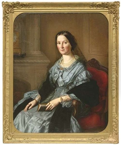 Bildnis Einer Eleganten Dame Im Graublauen Atlaskleid Mit Schwarzer Stola Im Saloninterieur Oil Painting by Theodor Thieme