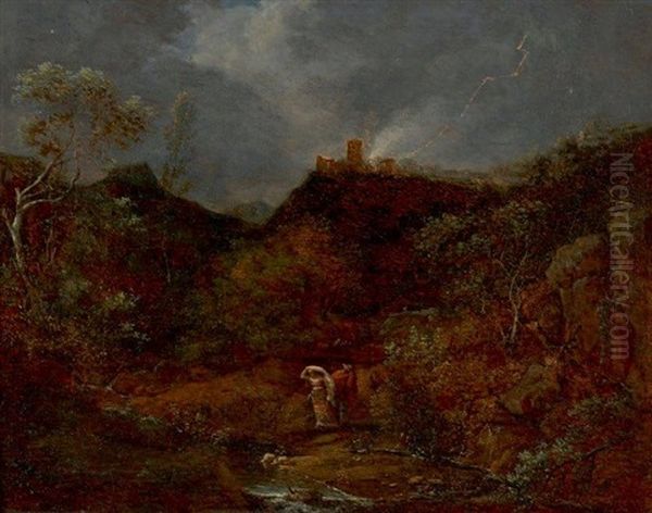 Couple Fuyant L'orage Dans Un Paysage Rocheux Oil Painting by Anne Claude Thienon