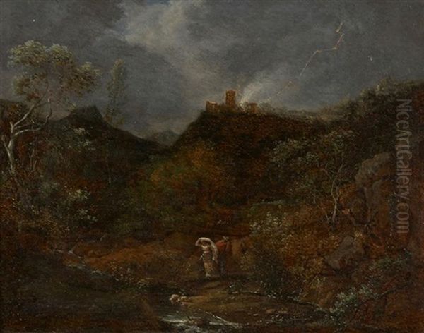 Couple Fuyant L'orage Dans Un Paysage Rocheux Oil Painting by Anne Claude Thienon