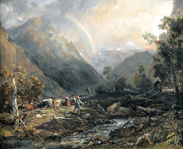 Hirtenpaar Im Lauterbrunnental Oil Painting by Louis Desire Thienon