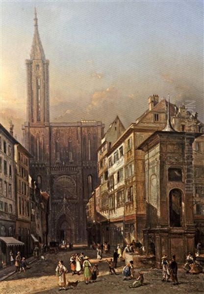 La Place De La Cathedrale A Strasbourg Oil Painting by Louis Desire Thienon