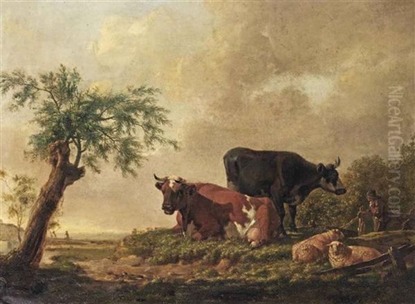 A Pastoral Landscape With A Farmer And His Cattle Resting Oil Painting by Barend Hendrik Thier