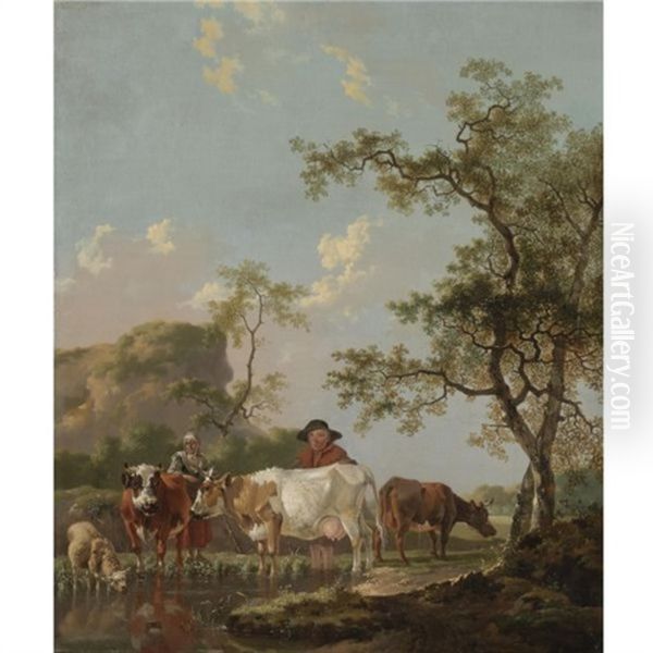 A Landscape With Two Peasants And Their Cattle Beside A Stream Oil Painting by Barend Hendrik Thier