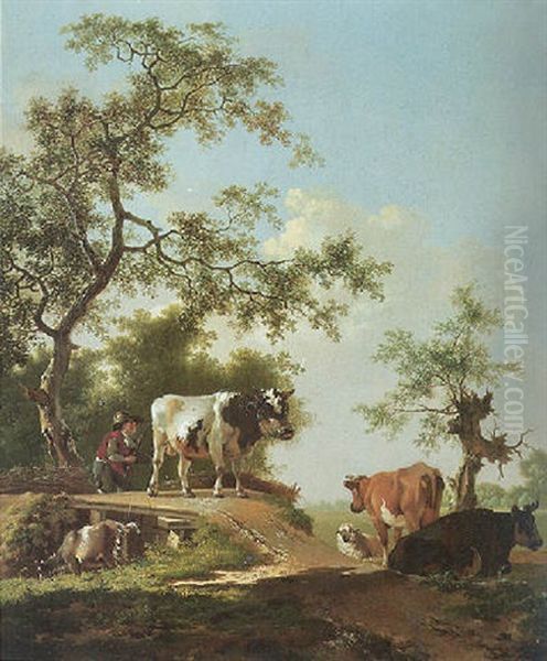 Landscape With A Drover And Cattle Crossing The Bridge Oil Painting by Barend Hendrik Thier