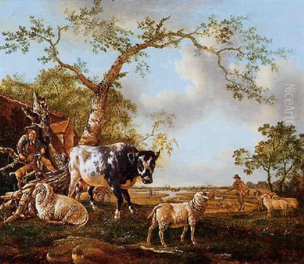 Weids Landschap Met Een Herdersjongen, Een Koe En Schapen Oil Painting by Barend Hendrik Thier