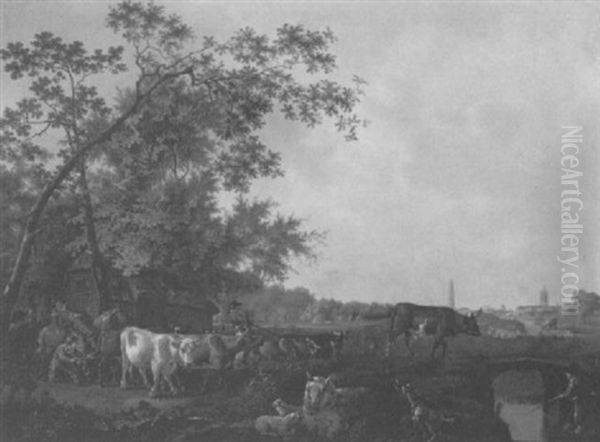 Drovers And Cattle Crossing A Bridge With A View Of Delft In The Distance Oil Painting by Barend Hendrik Thier