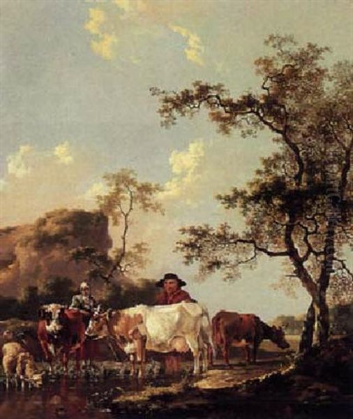 Shepherd And Shepherdess With Their Herd Near A Watering Place Oil Painting by Barend Hendrik Thier