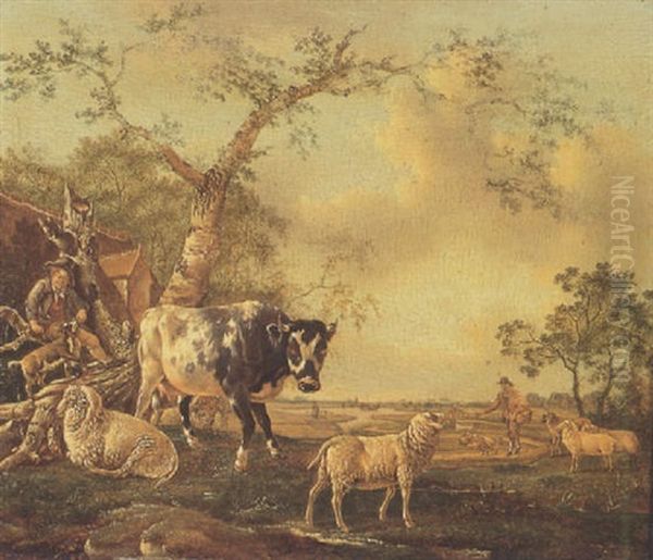 Wijds Landschap Met Een Herdersjongen, Een Koe En Schapen Bij Een Boom Oil Painting by Barend Hendrik Thier