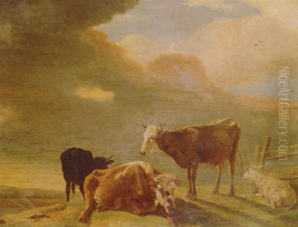 An Evening Landscape With Three Bulls And A Sheep Above A Meadow Oil Painting by Barend Hendrik Thier